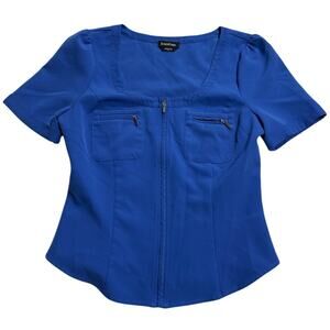 Bebe Scoop Neck Zipper Top Blouse Short Sleeve Womens Sz Small Blue Stretch Y2K
